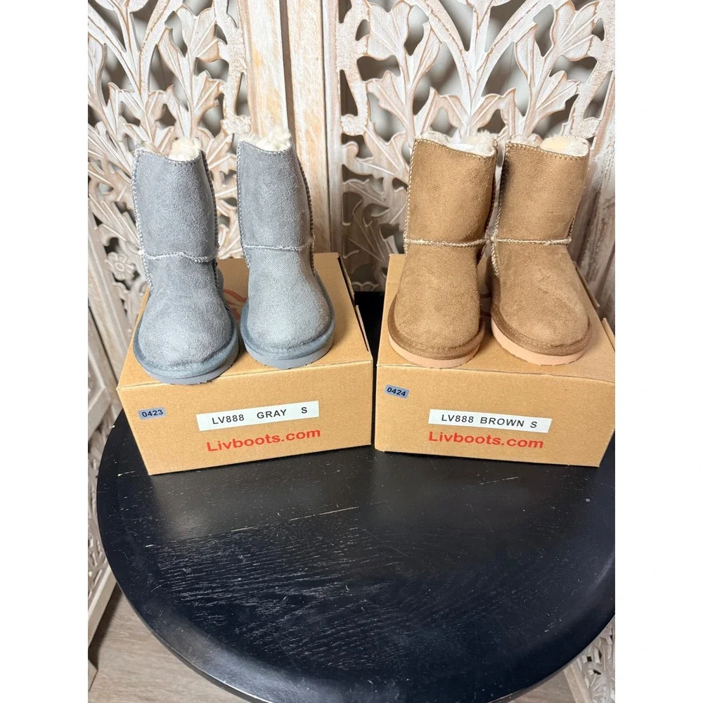 Livboots LV888 Kids Faux Suede Shearling Lined Winter Boots Gray Brown Size S
